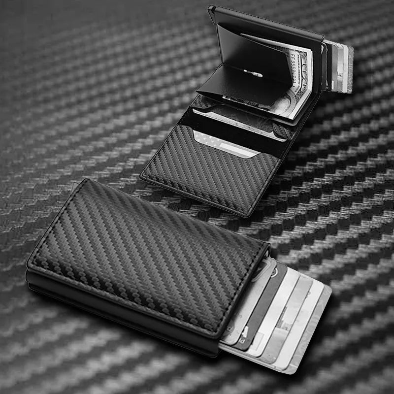 Black carbon fiber-pattern Flip wallet, open and closed